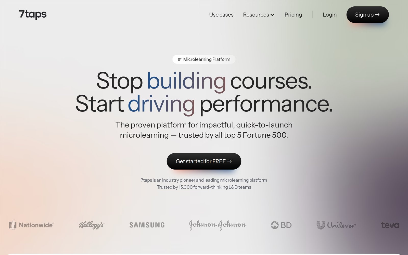 7taps homepage stating "Stop building courses, start driving performance"