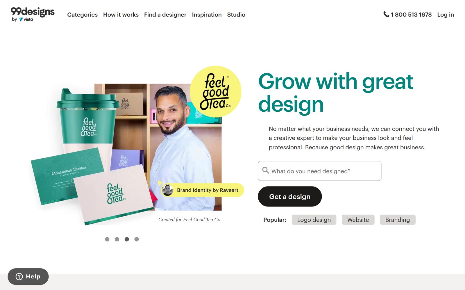 99designs homepage with a brand identity showcase and a Get a design button