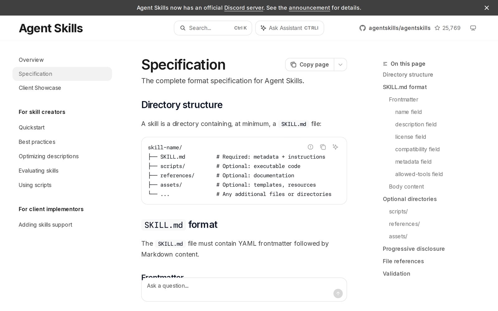 The Agent Skills specification page showing the required SKILL.md file and optional scripts, references, and assets folders