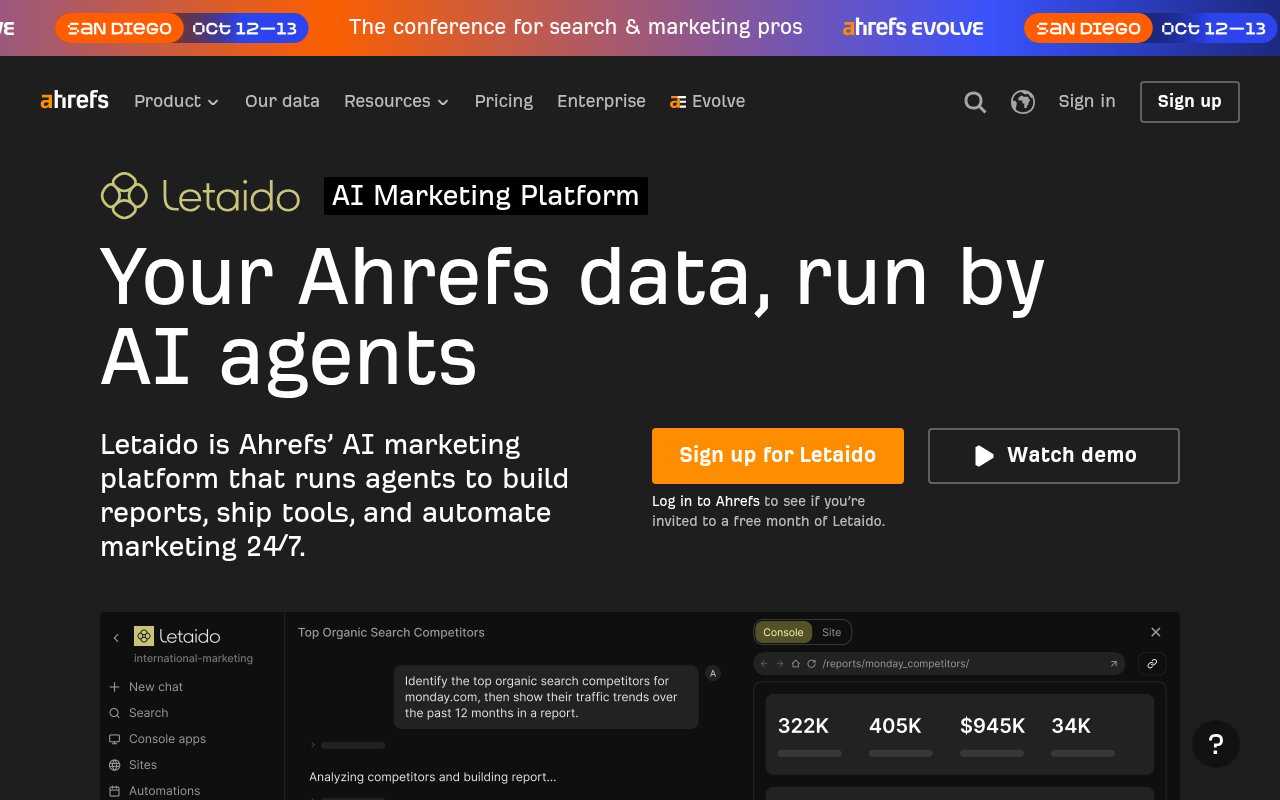 Ahrefs Letaido page with the headline Your Ahrefs data, run by AI agents