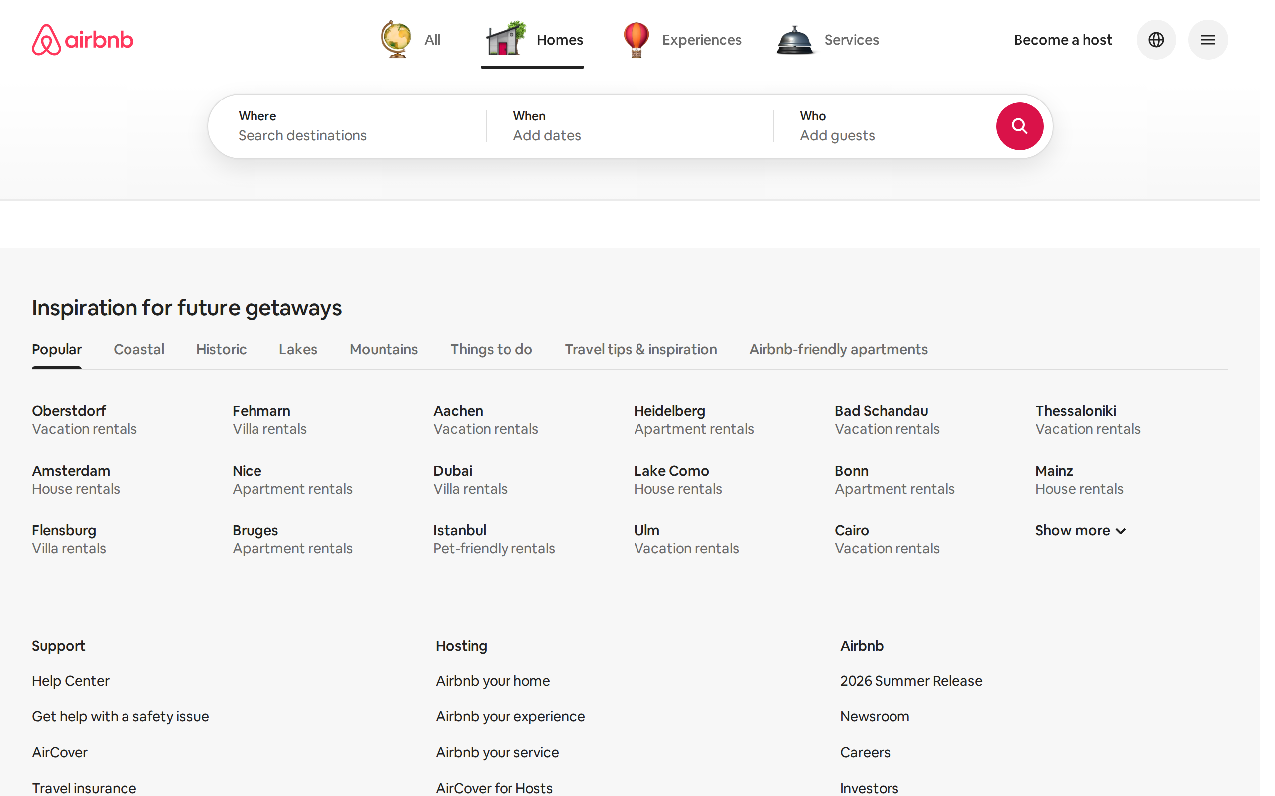 Airbnb's homepage, the largest platform for renting out a spare room or property