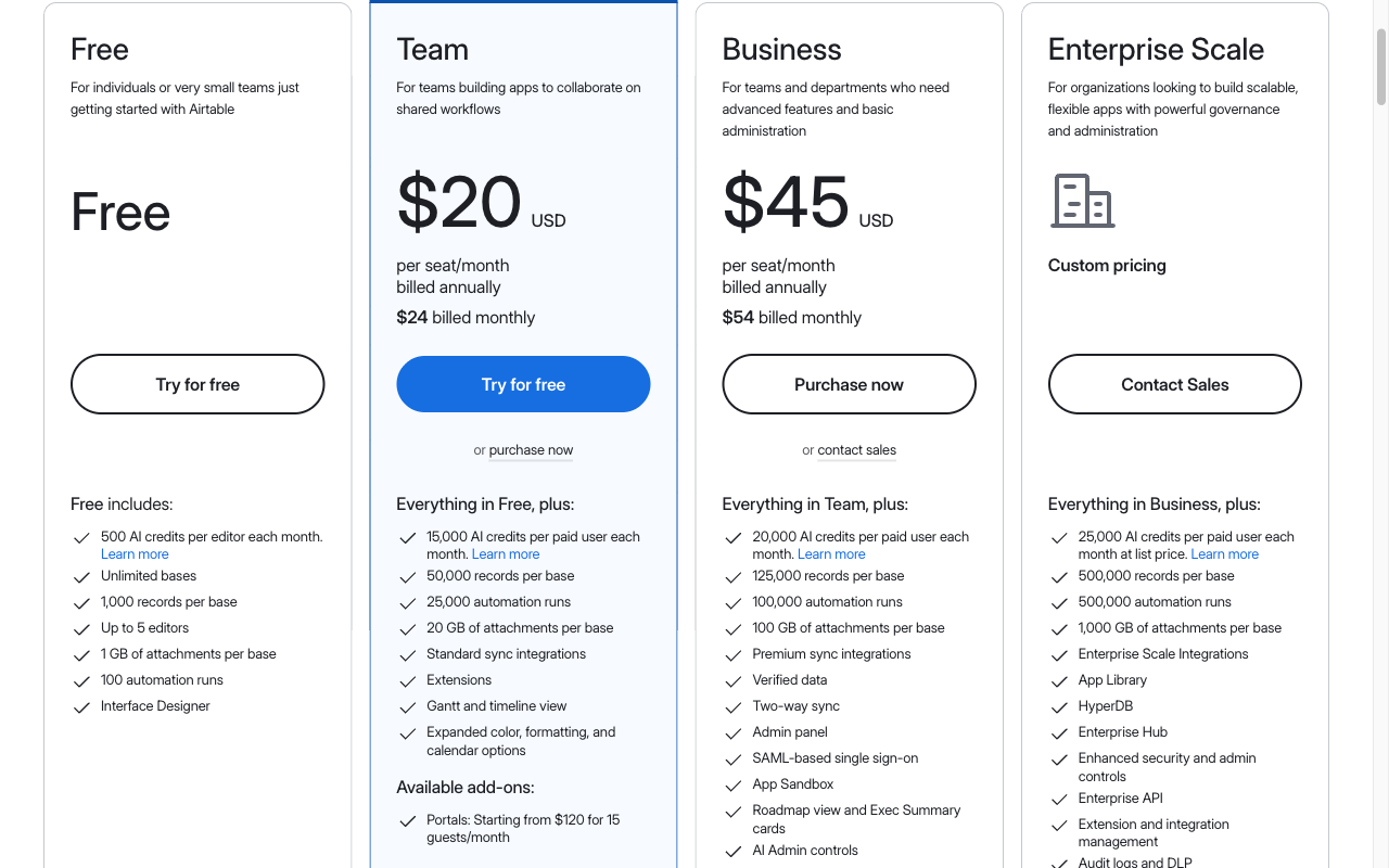 Airtable pricing: free tier, Team $20 per seat, Business $45 per seat, Enterprise custom