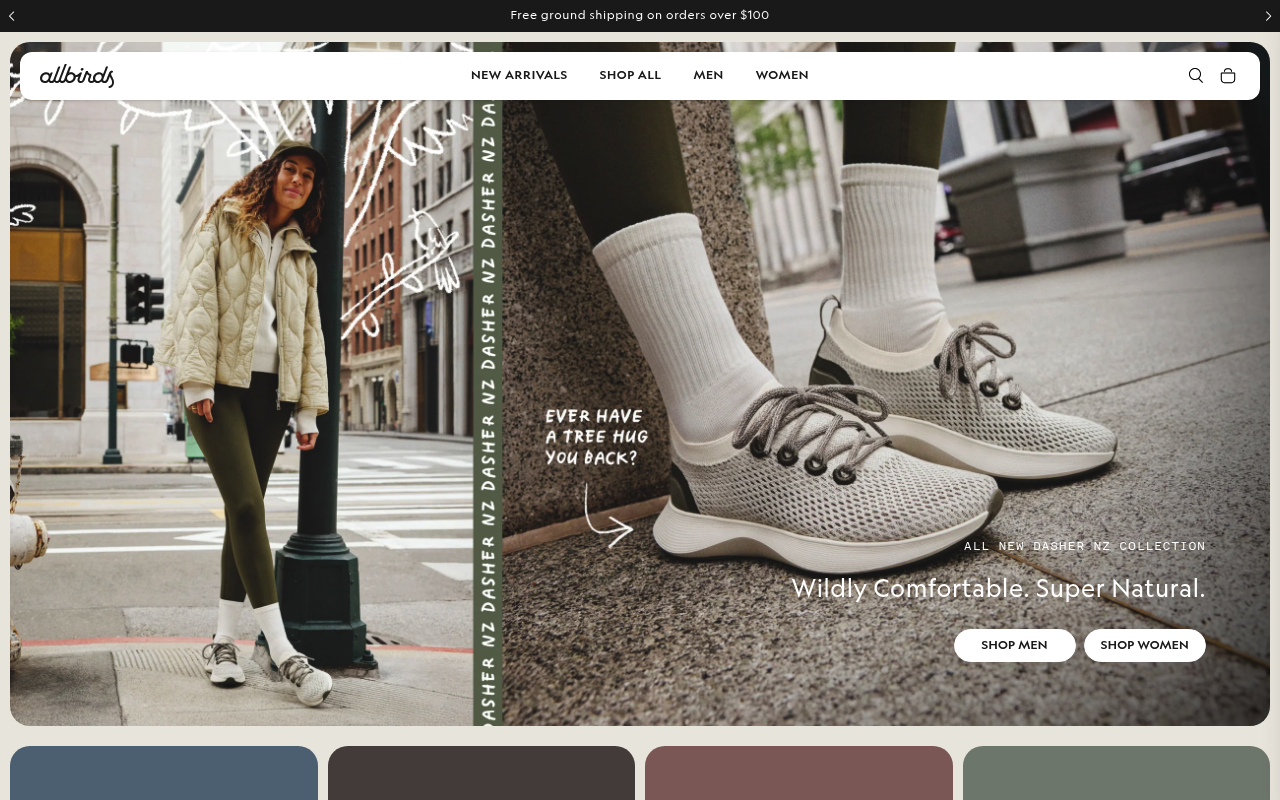 Allbirds homepage built around a single hero product shot with almost no competing visual noise