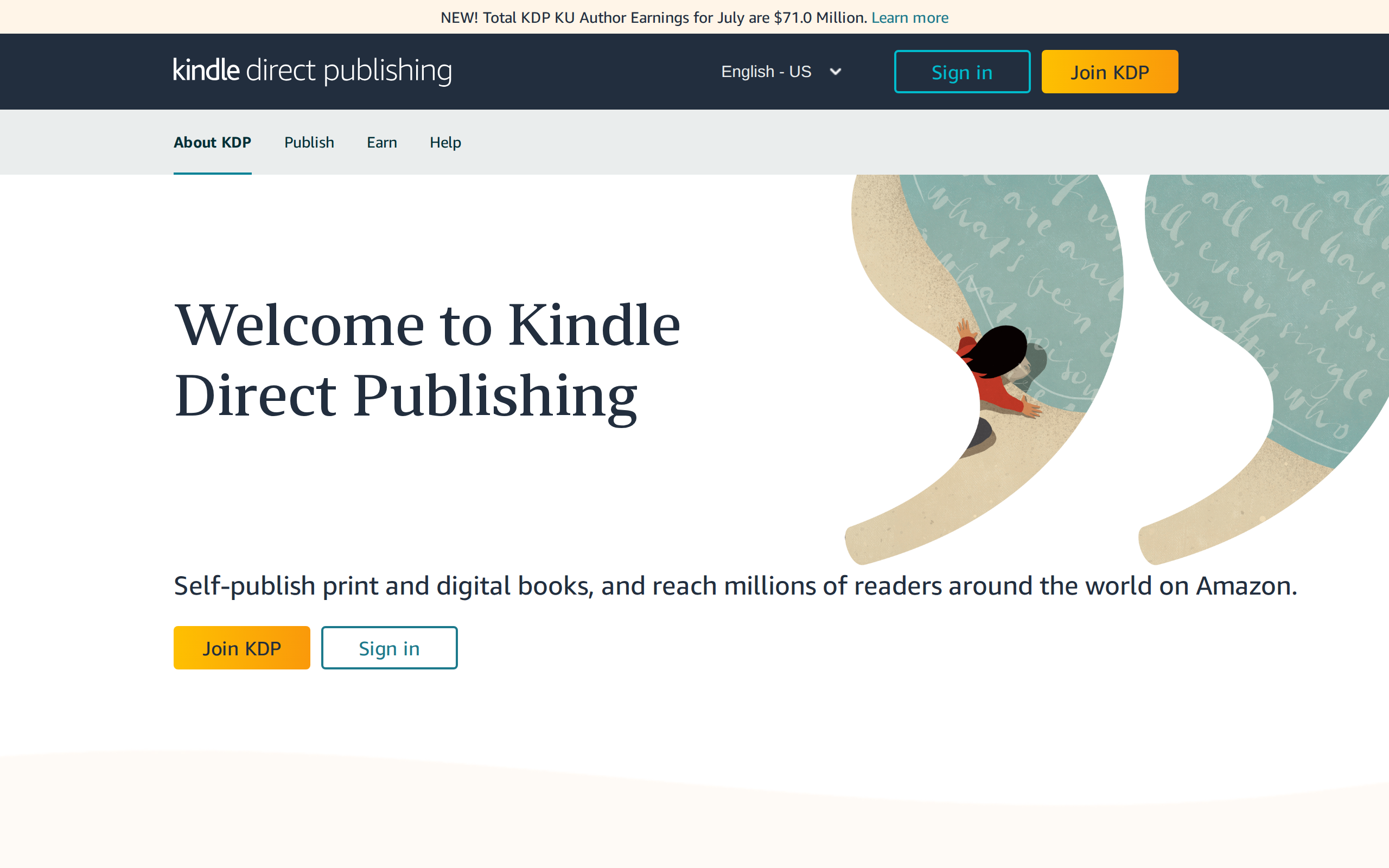 Amazon Kindle Direct Publishing's homepage, the largest distribution channel for self-published ebooks