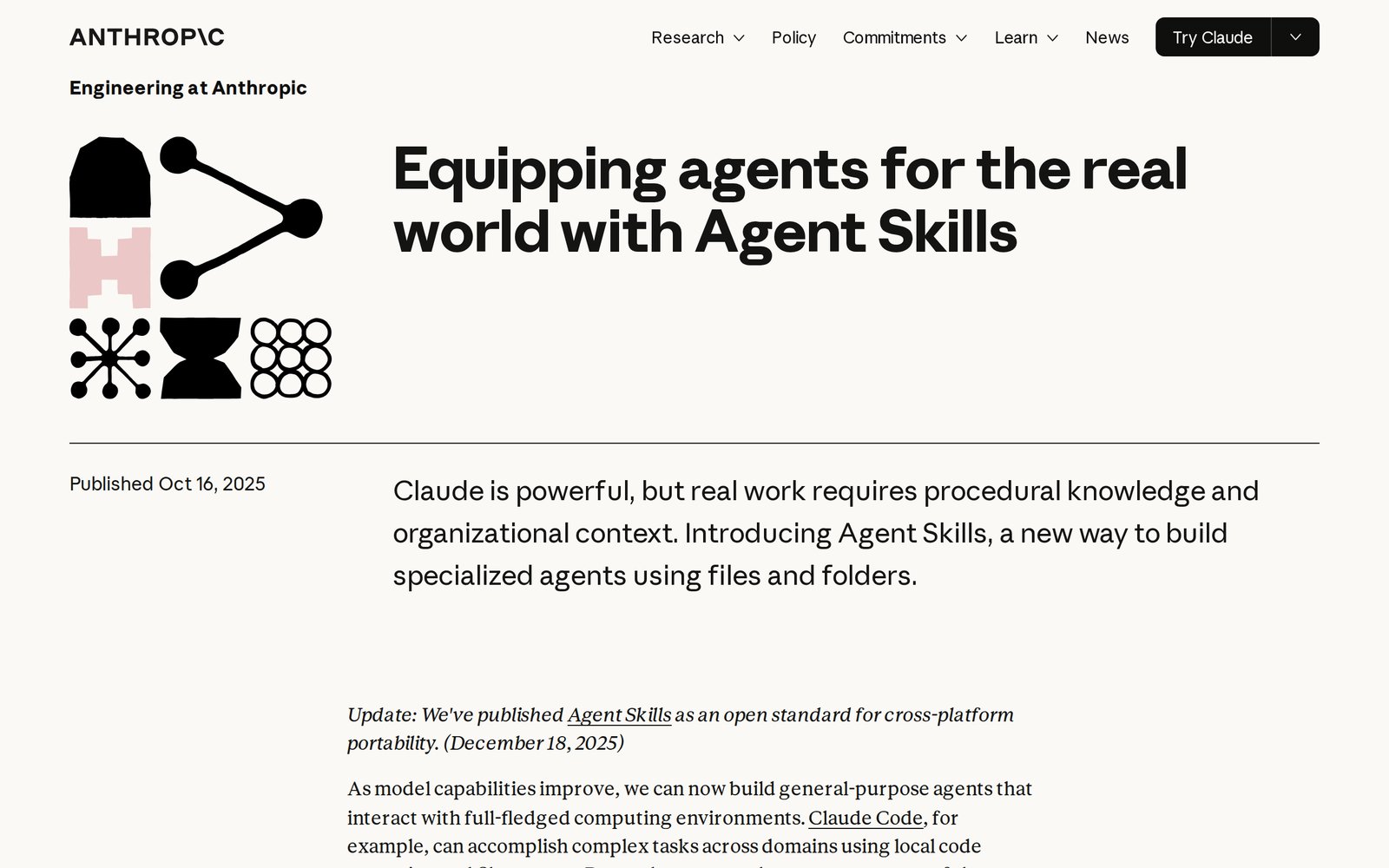 Anthropic's engineering post introducing Agent Skills, published October 16, 2025