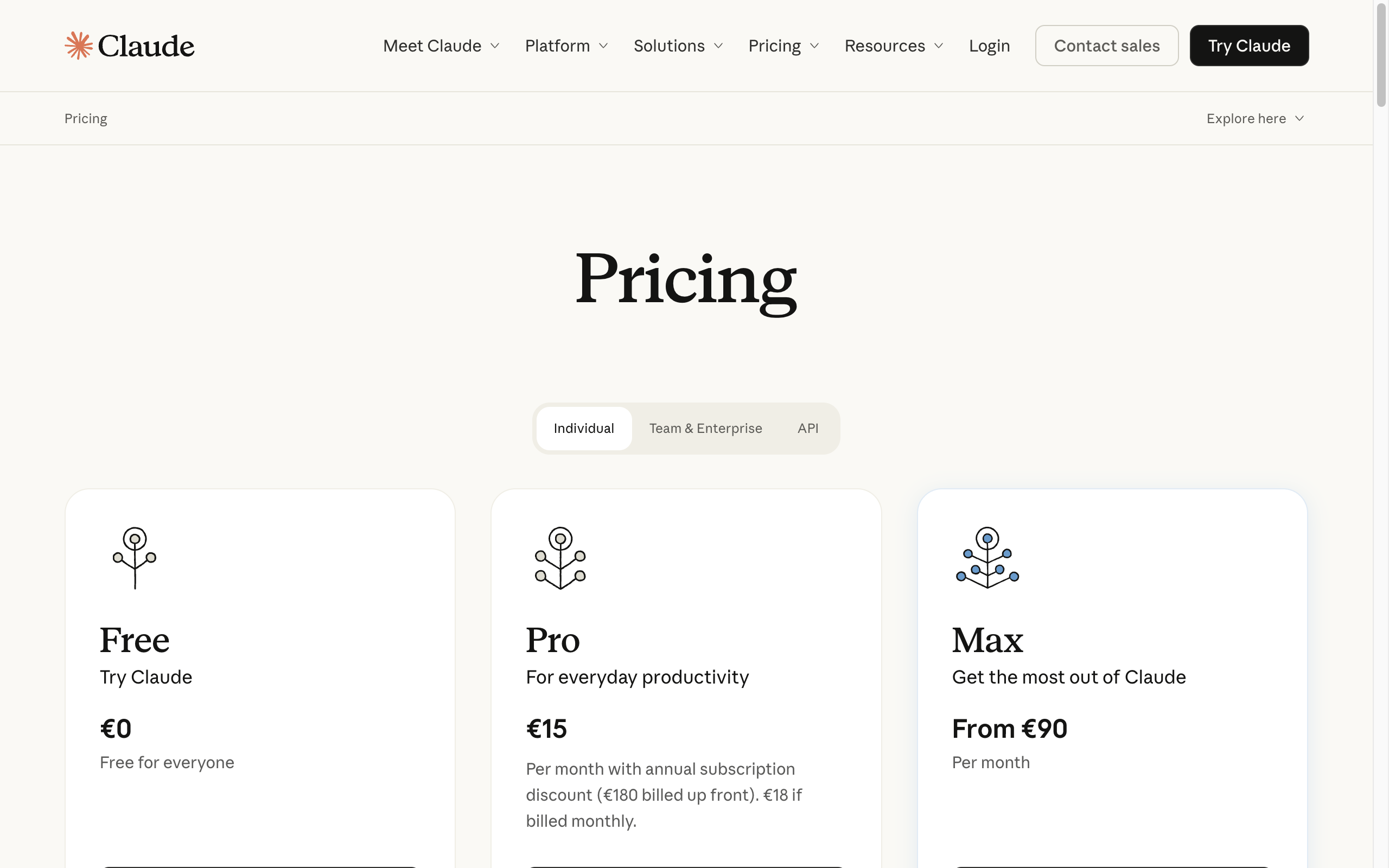 Anthropic's pricing page showing the Free, Pro, and Max plans