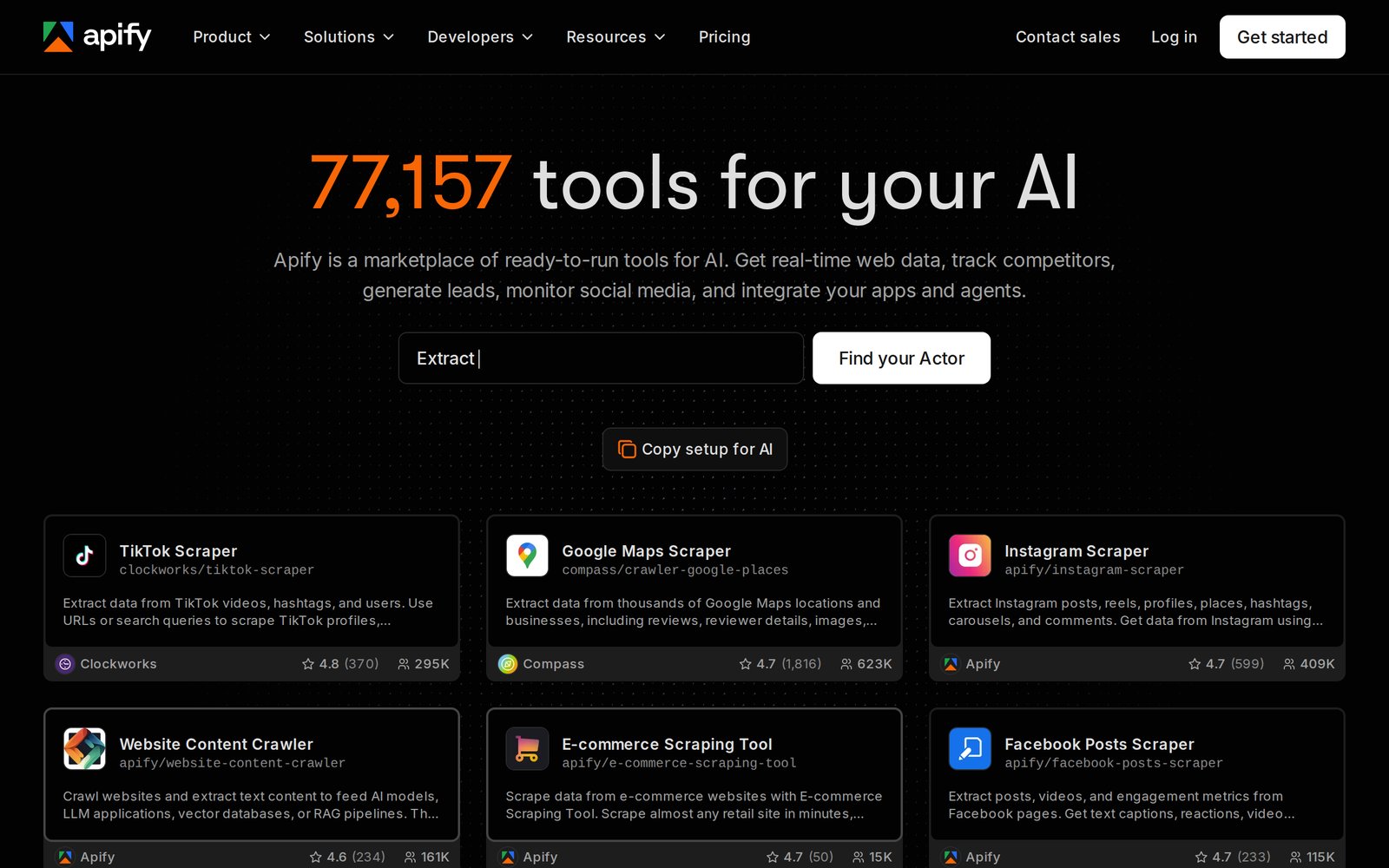 Apify homepage, a marketplace of more than 77,000 ready-made scrapers and tools for AI agents
