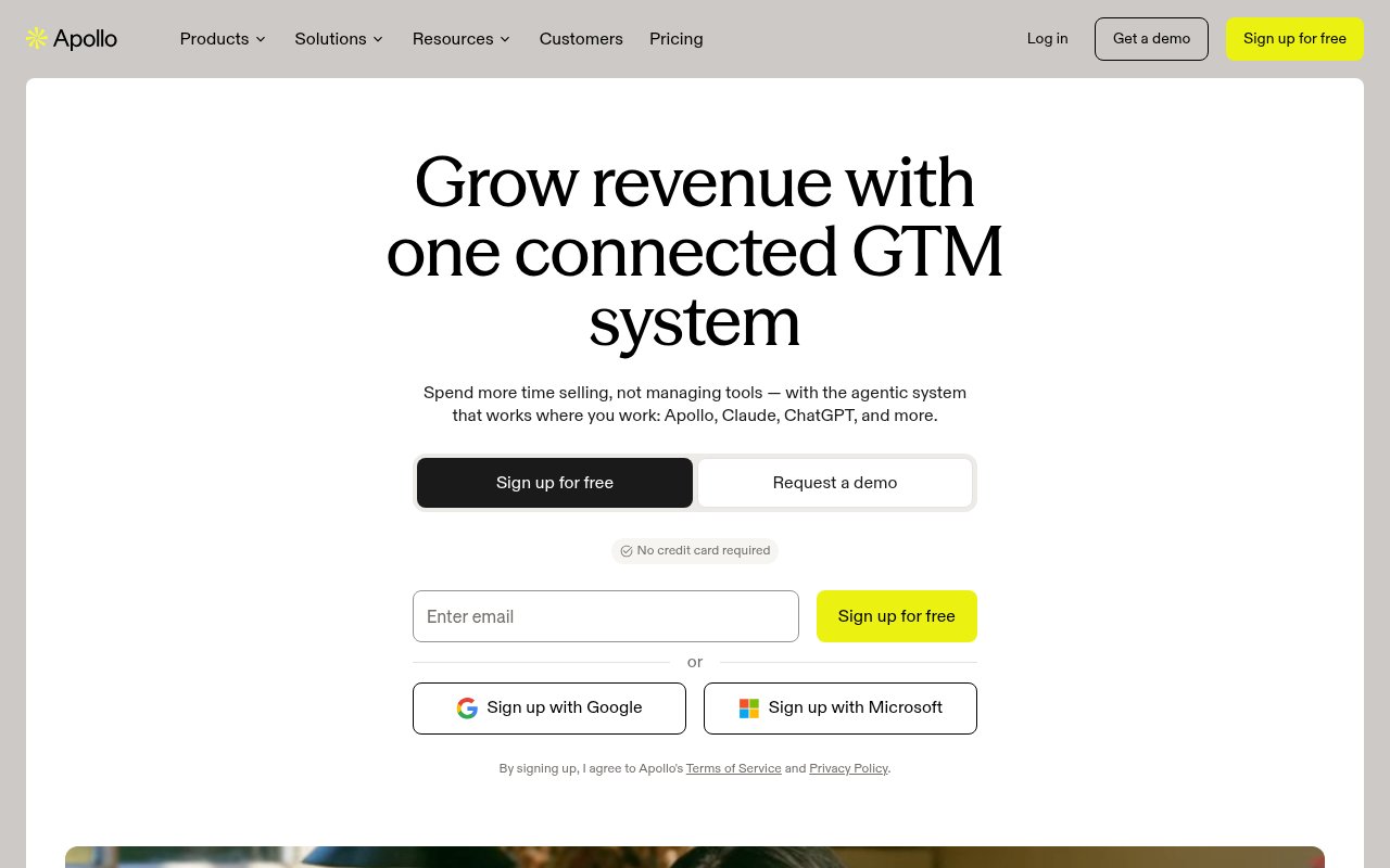 Apollo homepage, a sales platform with a large B2B contact database and a free plan