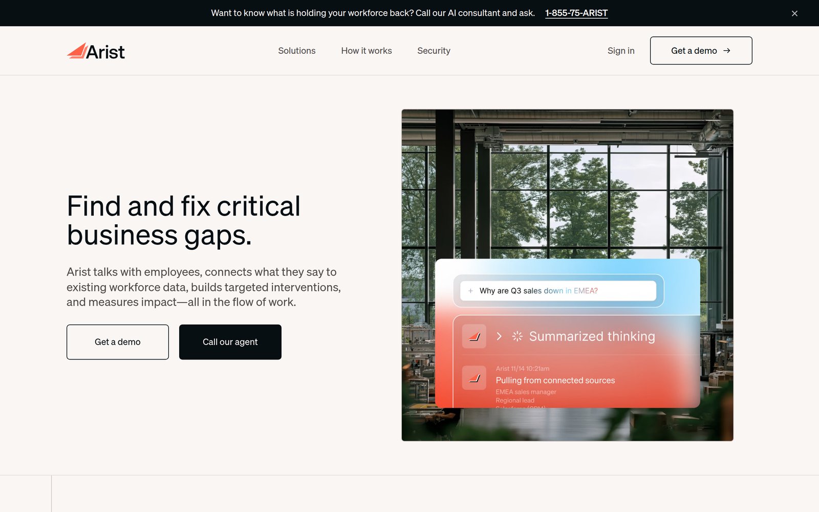 Arist homepage showing its AI-powered workforce enablement platform