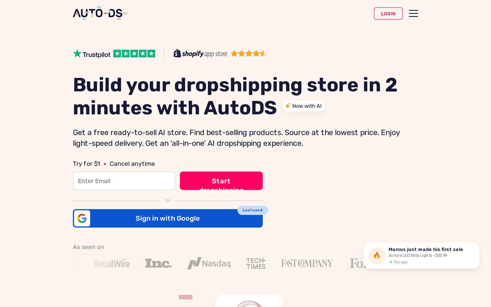 AutoDS's homepage, showing automated product sourcing and order fulfillment for dropshipping stores