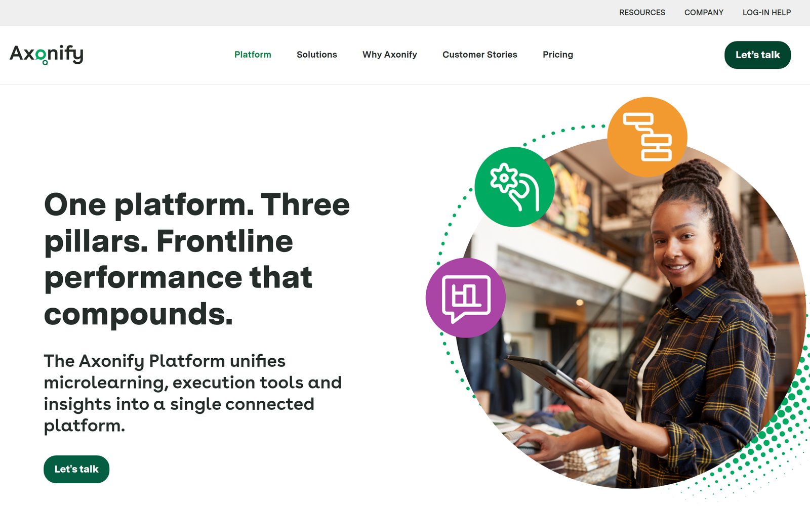 Axonify homepage describing its platform as unifying microlearning, execution tools, and insights