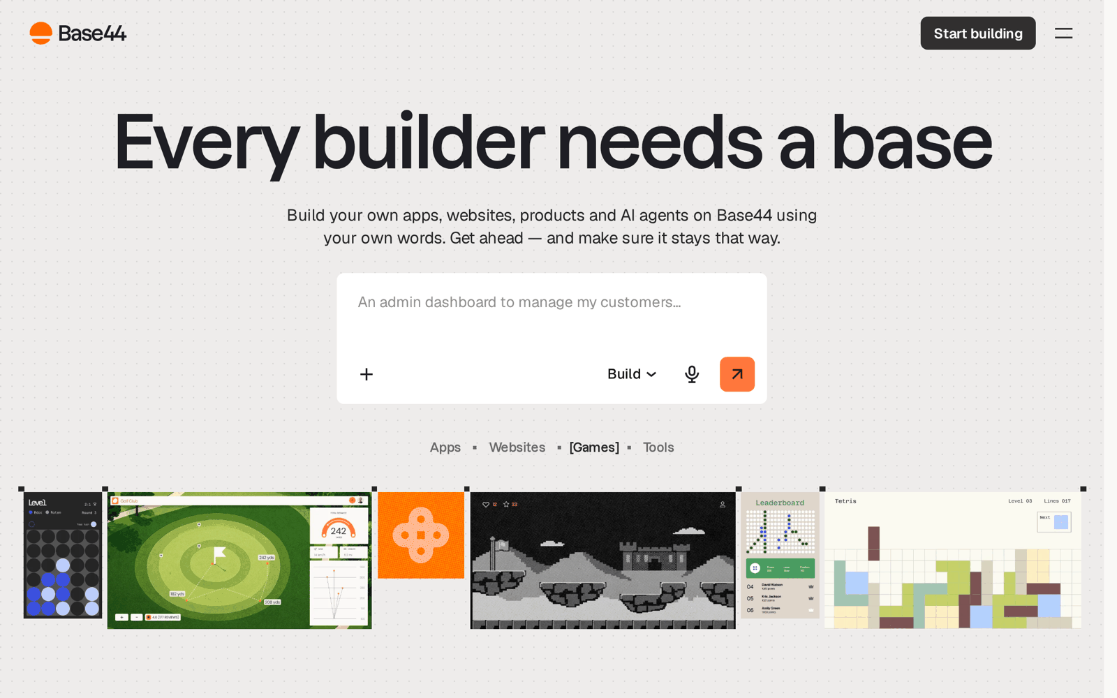 Base44 homepage: every builder needs a base, build your own apps, websites, products, and AI agents