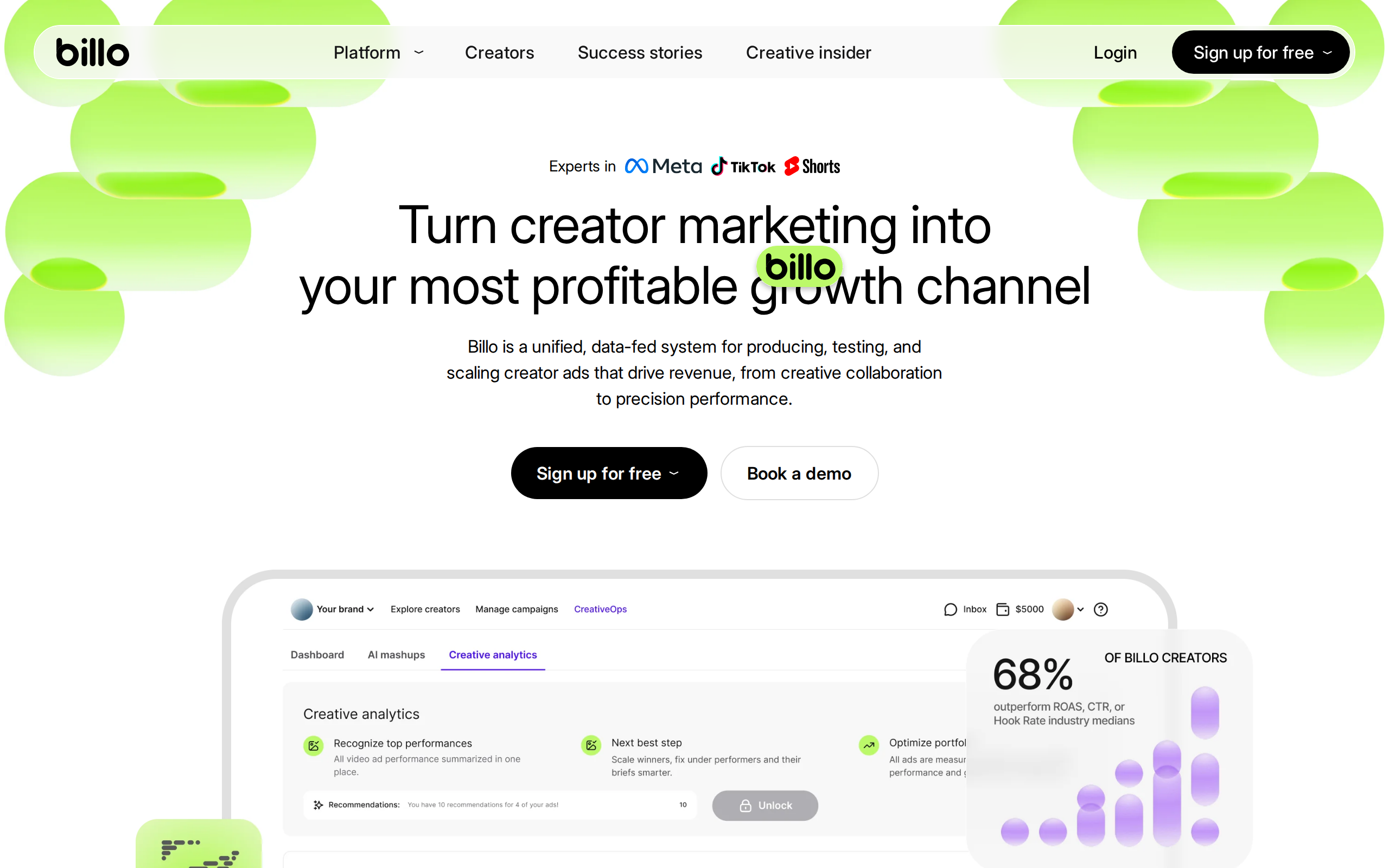 Billo's homepage, a platform brands use to commission UGC video ads from creators