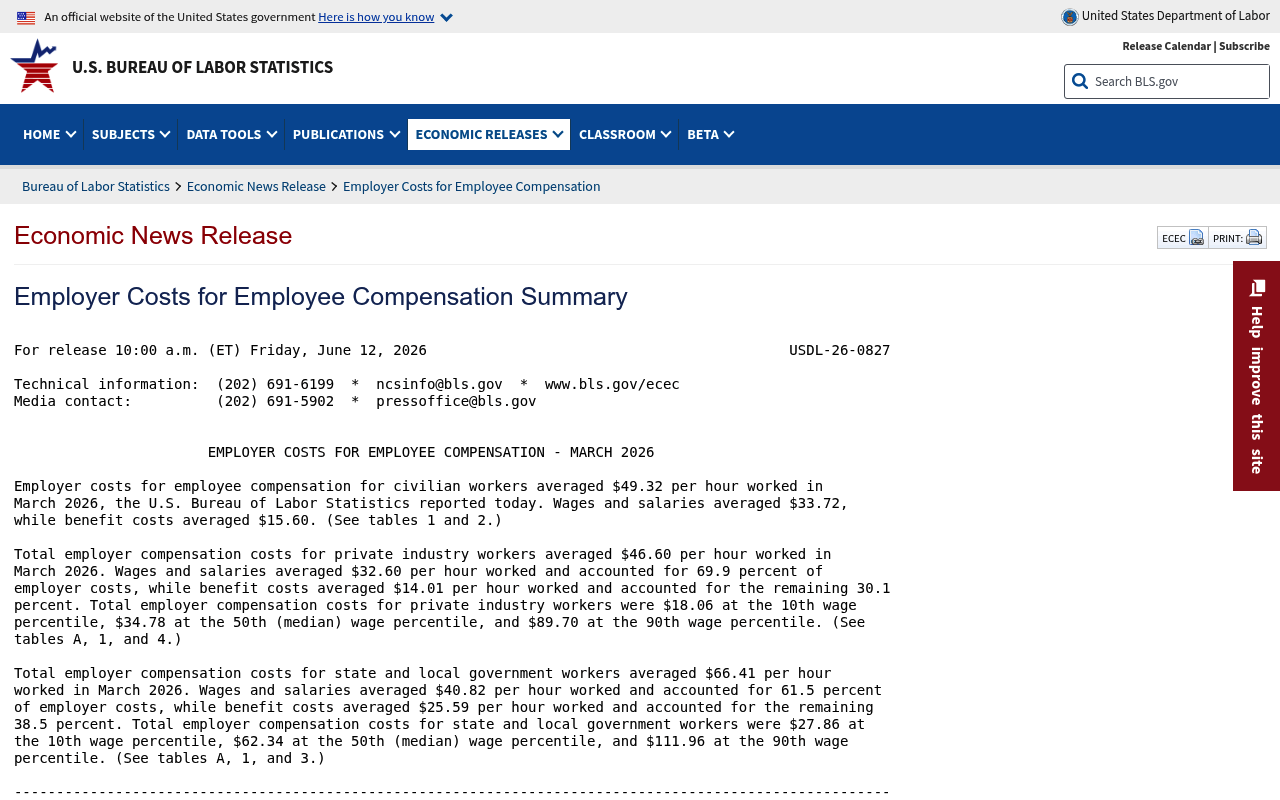 The Bureau of Labor Statistics employer cost release, the benchmark for what an hour of human employee time actually costs