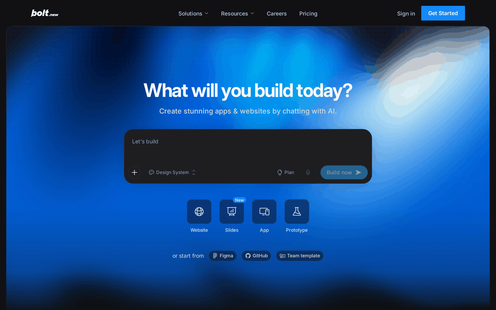 Bolt homepage: what will you build today, create stunning apps and websites by chatting with AI