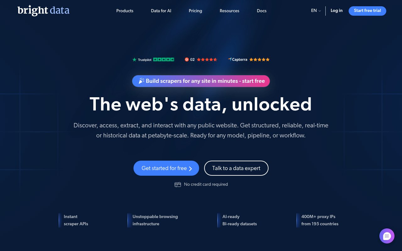 Bright Data homepage, a web data platform with scraper APIs, unblocking browsers and 400M+ proxy IPs