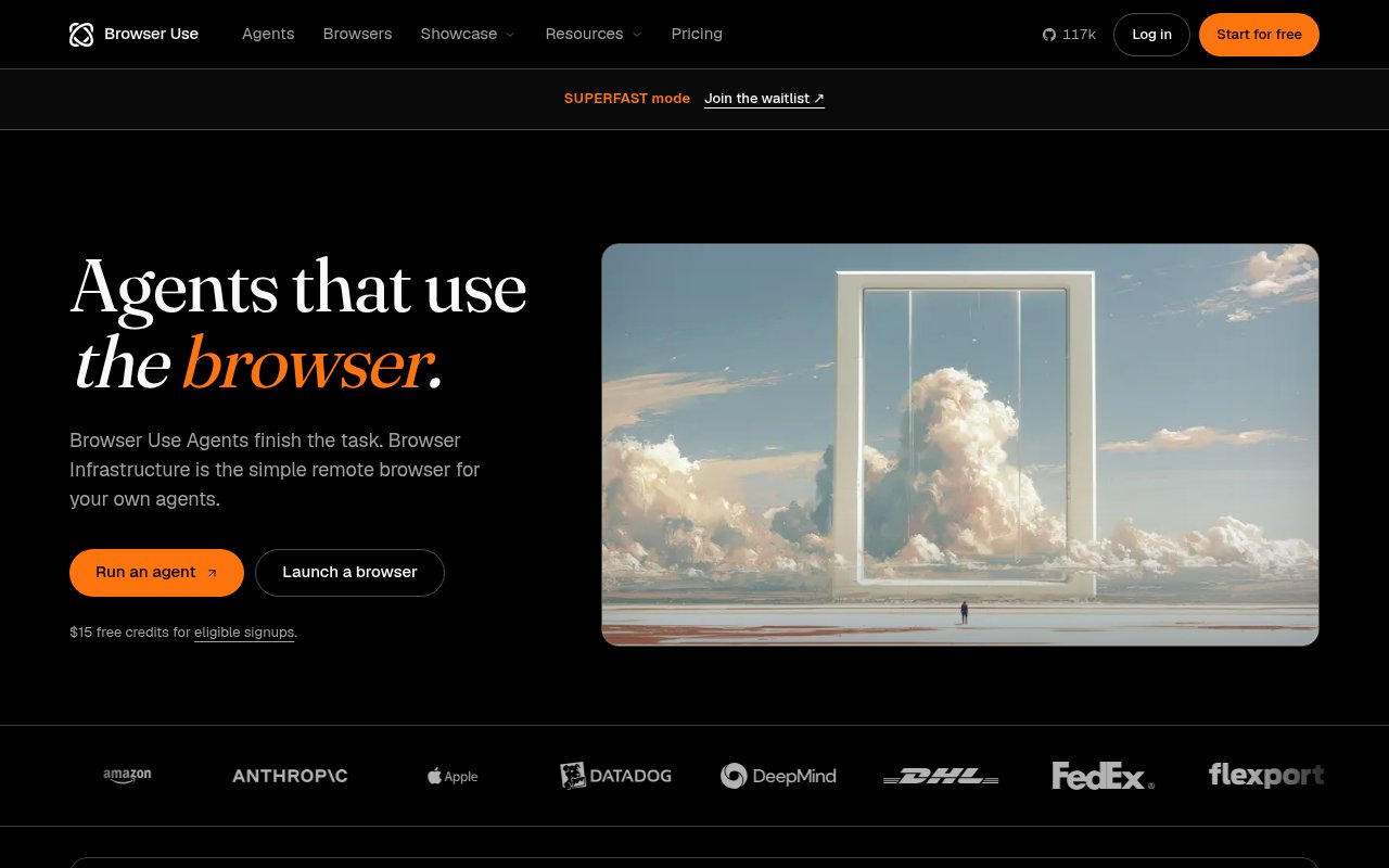 Browser Use homepage, an open-source framework for AI agents that use the browser, with $15 free credits