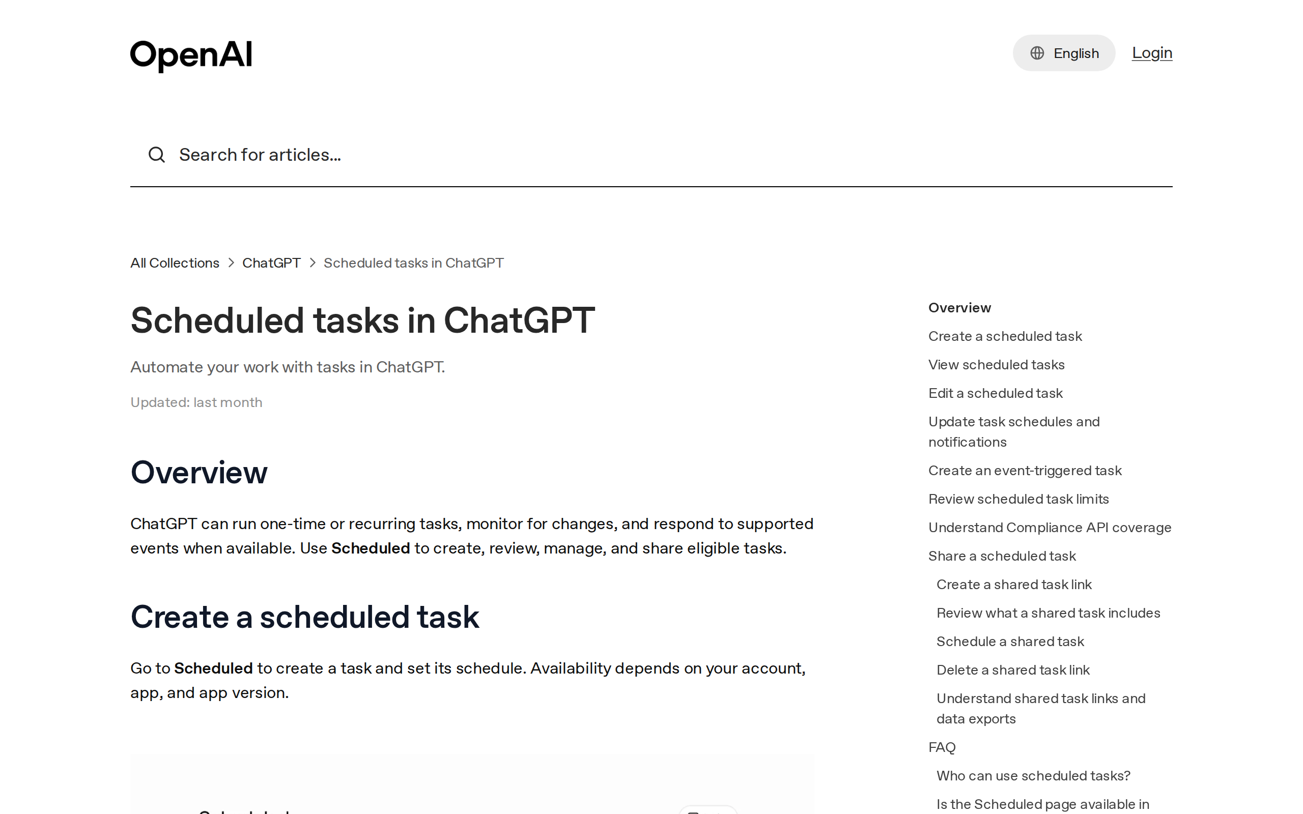 OpenAI help center article on scheduled tasks in ChatGPT, covering creating, editing, and event-triggered tasks