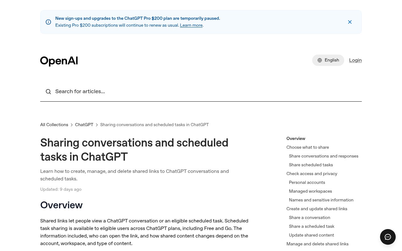 OpenAI Help Center article titled Sharing conversations and scheduled tasks in ChatGPT, explaining that shared links let people view a conversation or an eligible scheduled task