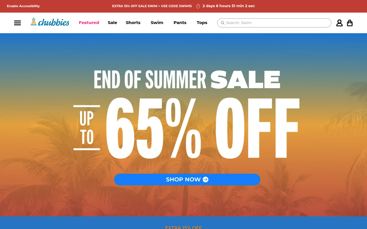 Chubbies homepage carrying the brand's joke voice through the sale banner and navigation microcopy