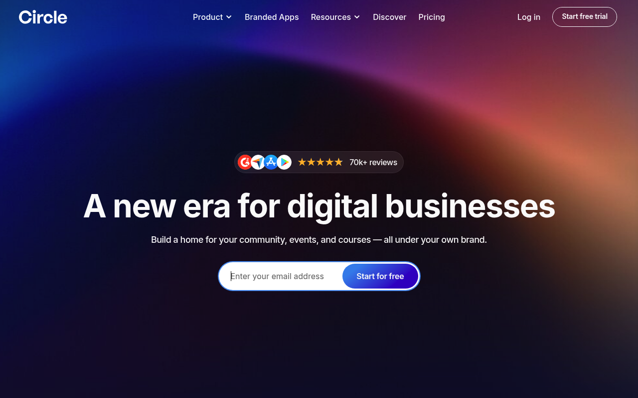 Circle homepage positioning itself as a branded home for communities, events, and courses