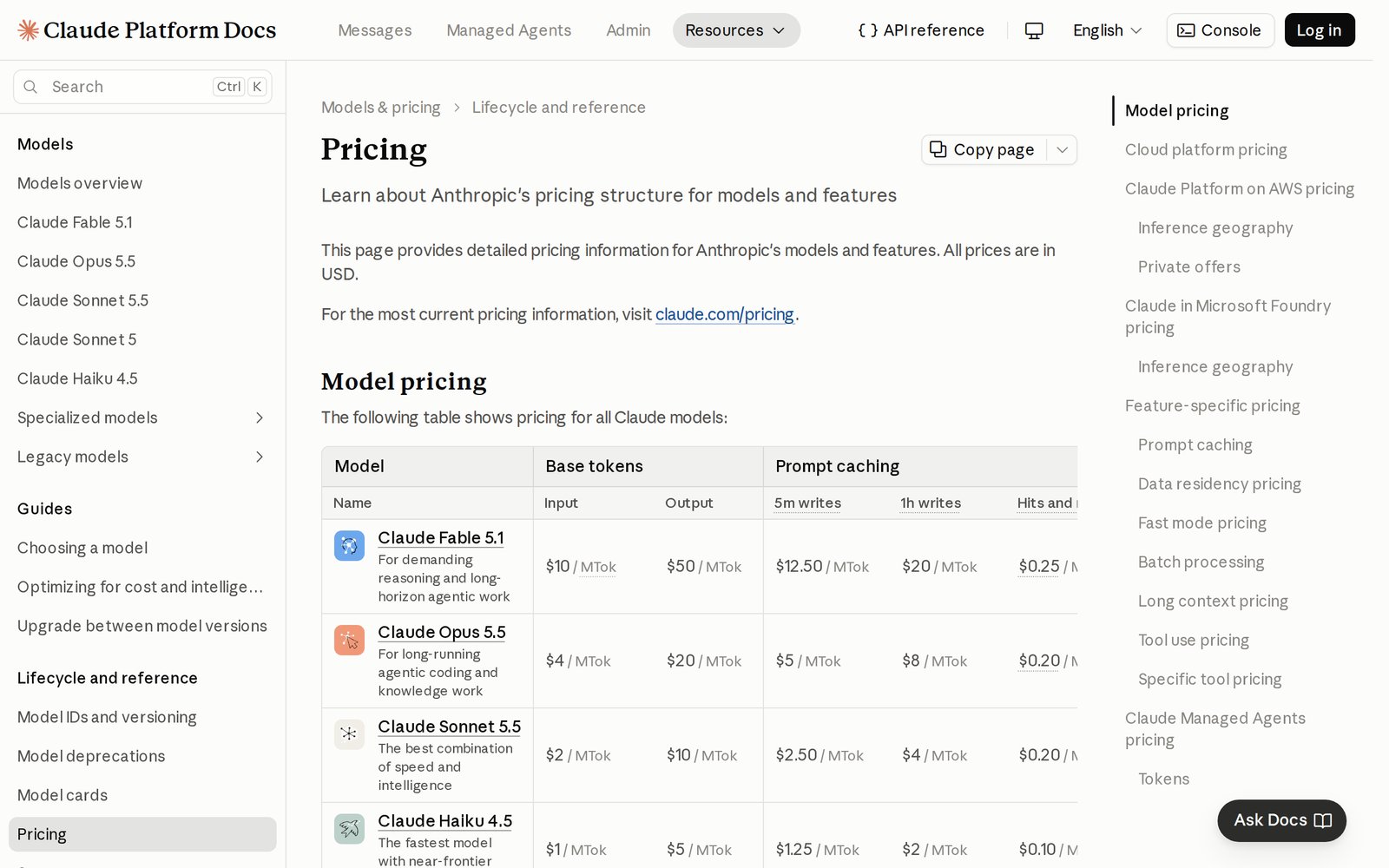 Claude API pricing page listing per-million-token input, output, and prompt caching prices for Claude Fable 5.1, Opus 5.5, Sonnet 5.5, and Haiku 4.5
