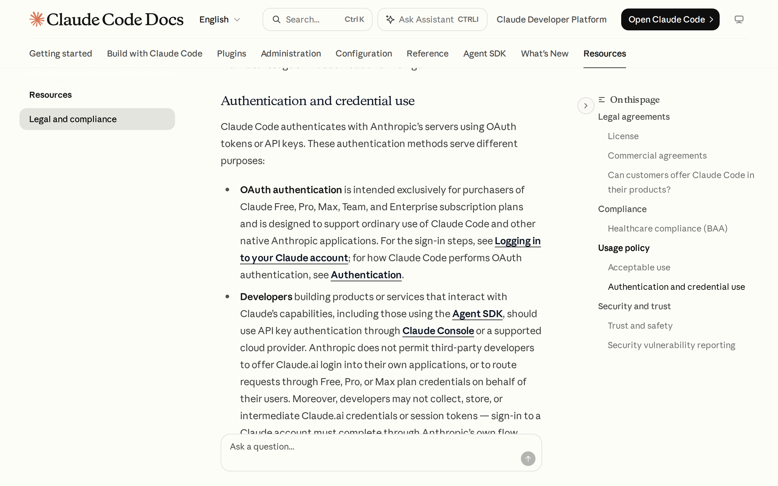 Claude Code legal page stating that OAuth authentication is intended exclusively for Claude plan subscribers using Claude Code and native Anthropic applications, and that third-party developers may not route requests through Free, Pro or Max plan credentials