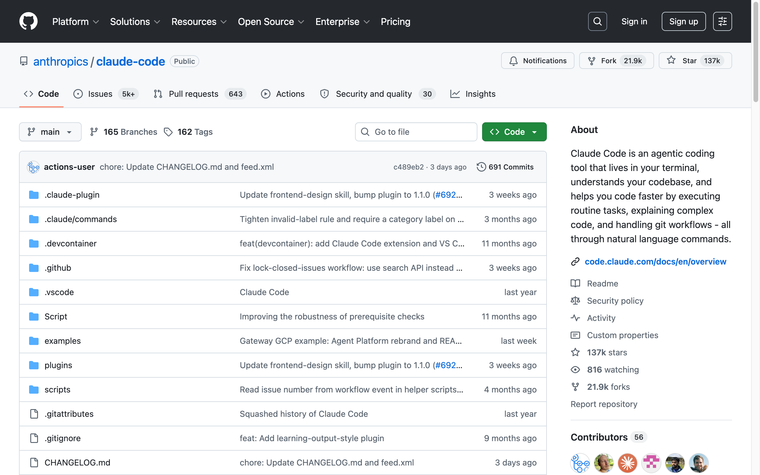 Claude Code's official GitHub repository, with 137k stars and an active plugin ecosystem