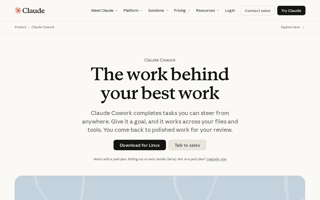 Claude Cowork product page describing an agent that completes tasks you can steer from anywhere