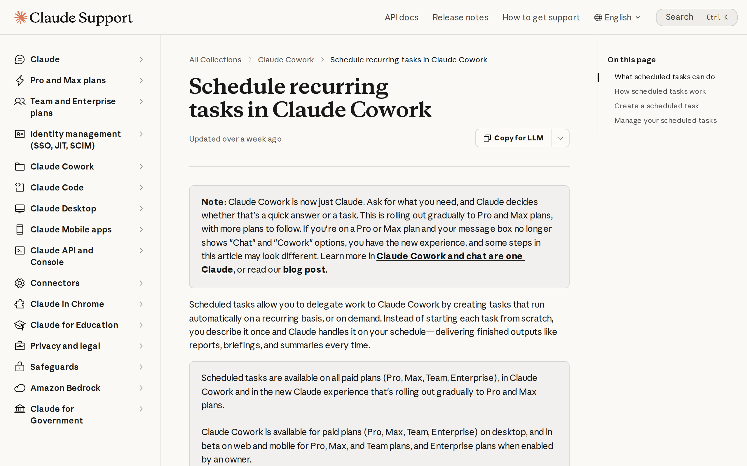 Claude help center article on scheduling recurring tasks, explaining that scheduled tasks run on a recurring basis on all paid plans