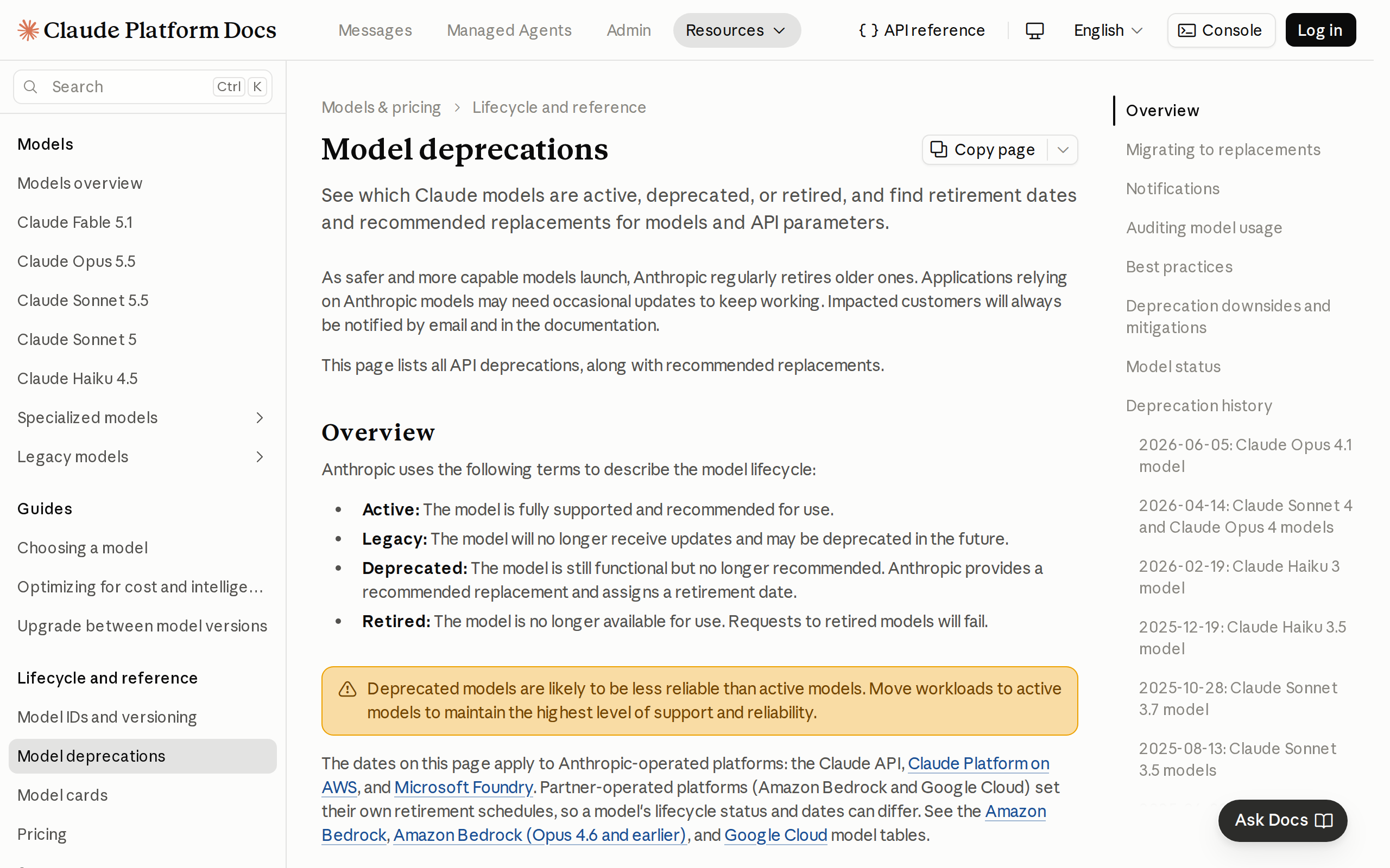 Claude Platform Docs model deprecations page explaining the Active, Legacy, Deprecated and Retired lifecycle stages, with a warning that deprecated models are likely to be less reliable than active ones