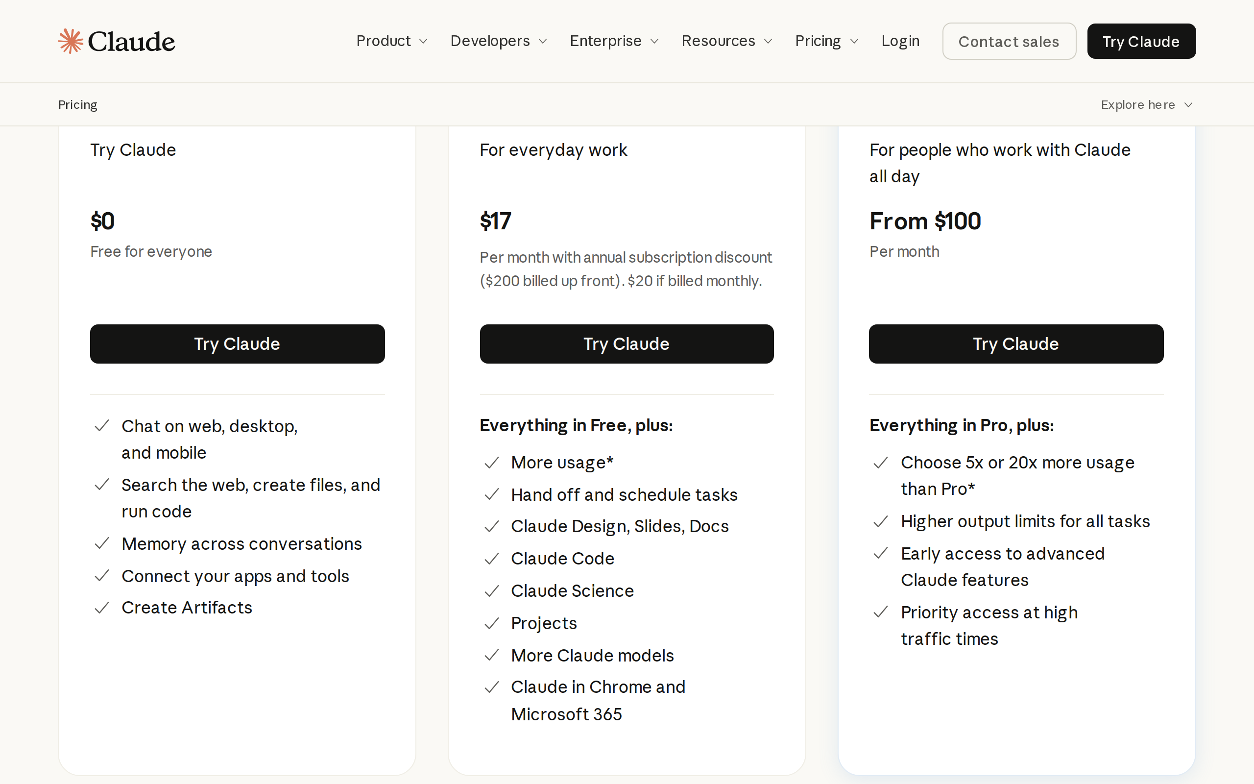 Claude pricing page showing the Free plan, Pro at $17 a month billed annually or $20 monthly, and Max from $100 a month with 5x or 20x more usage than Pro