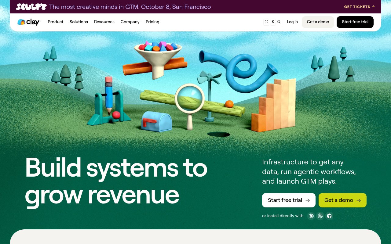 Clay homepage, a data enrichment platform that runs waterfall lookups across many data providers