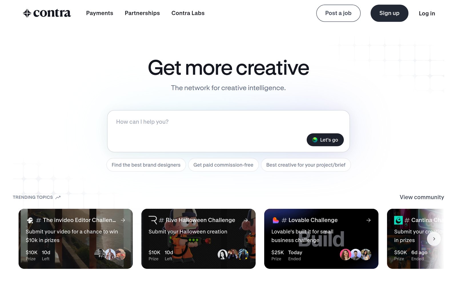 Contra homepage with its community challenges and the Post a job and Sign up buttons