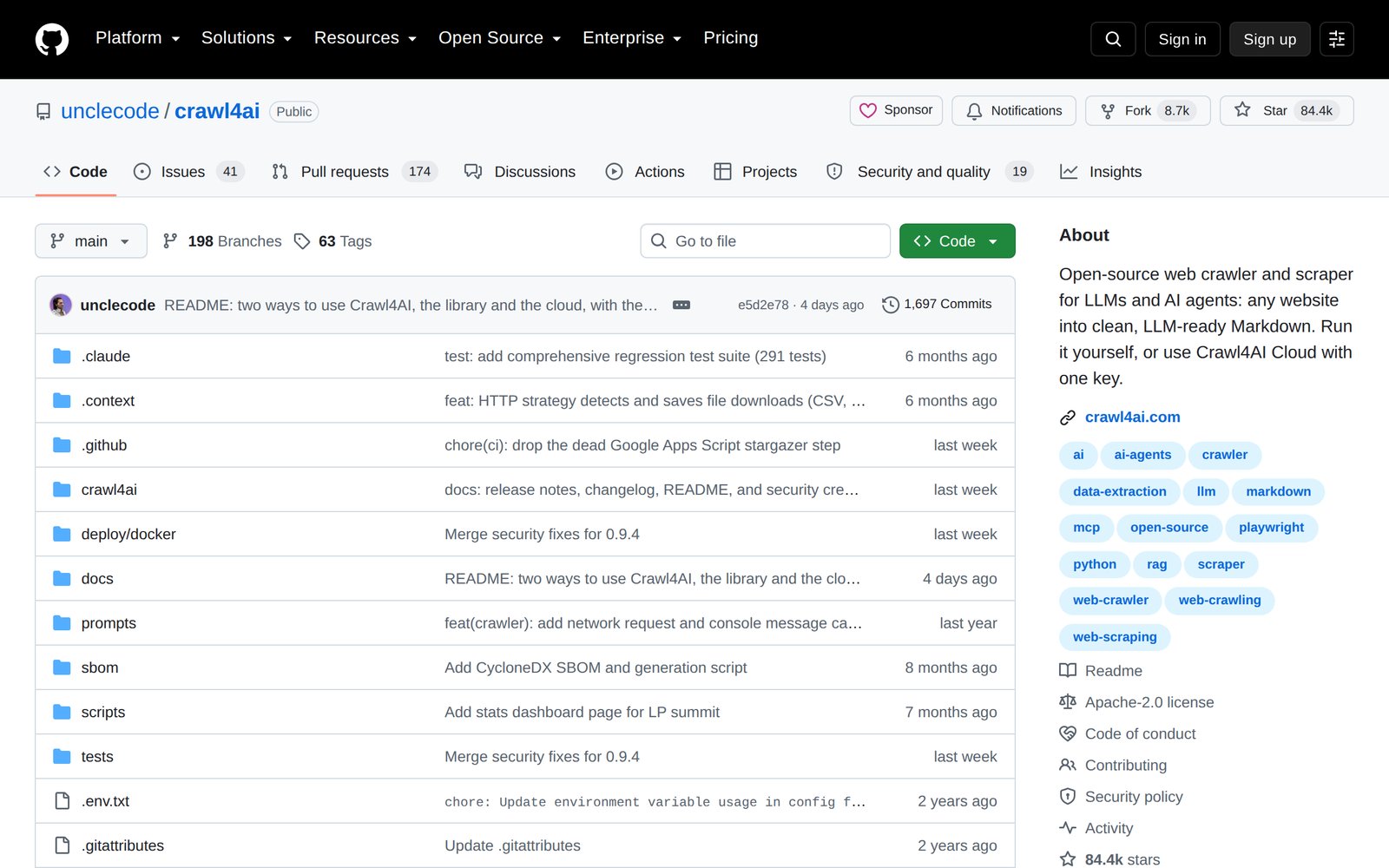 Crawl4AI GitHub repository, an open-source web crawler and scraper that turns websites into LLM-ready Markdown