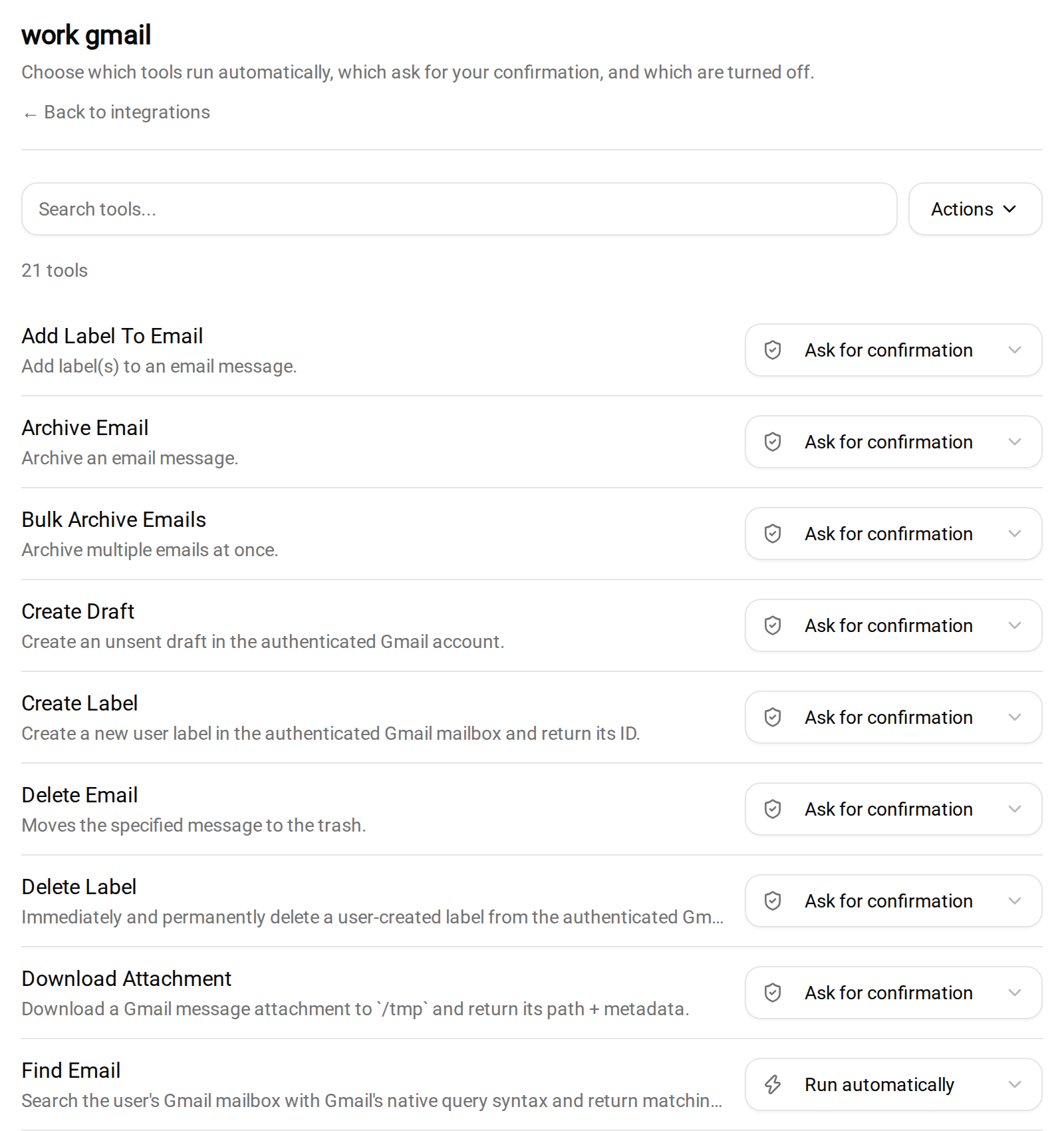 Crevio settings for a connected Gmail account, with each action set to run automatically or ask for confirmation