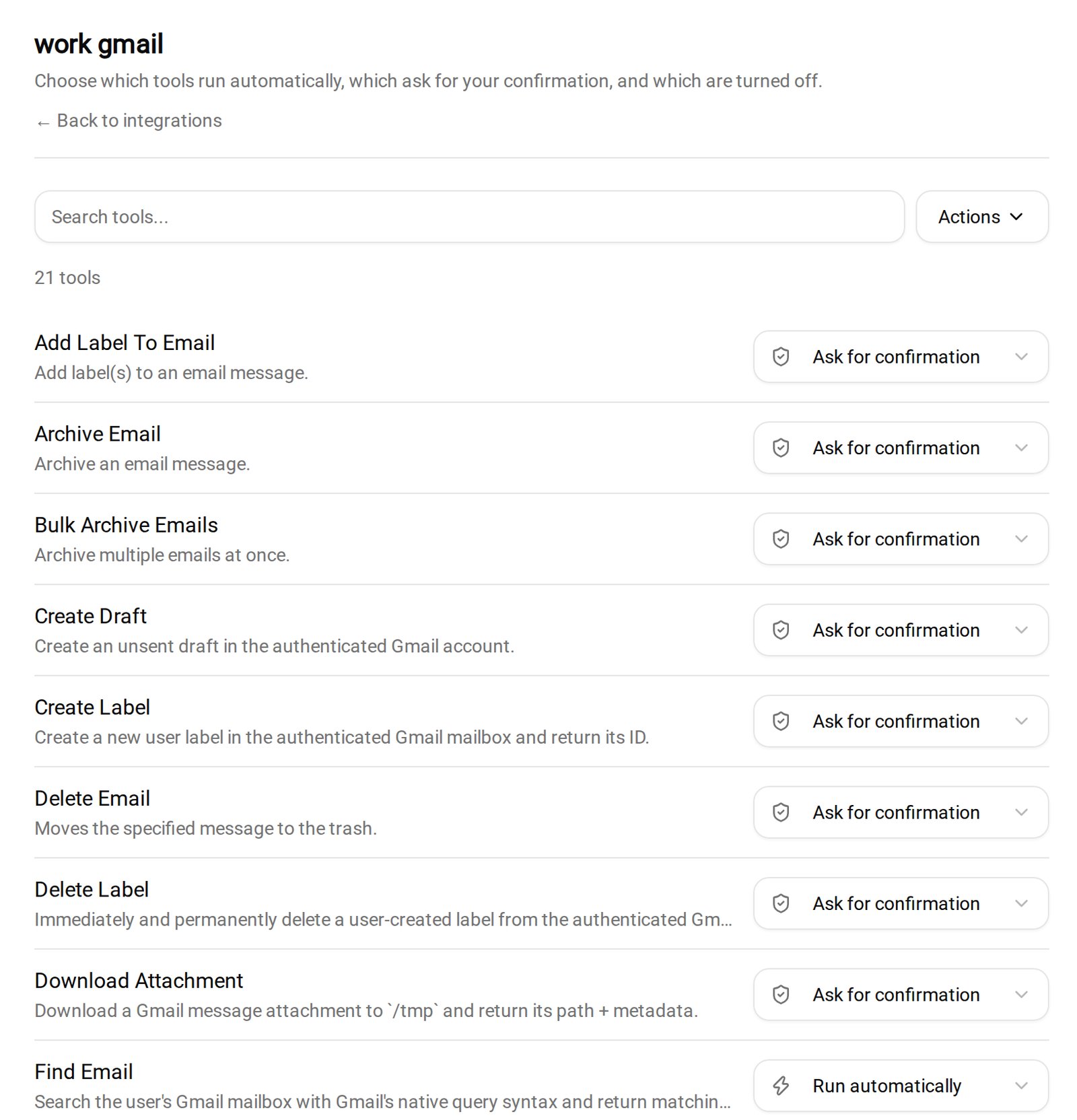 Crevio tool approvals for a connected Gmail account: labeling, archiving, drafting and deleting set to ask for confirmation, searching set to run automatically