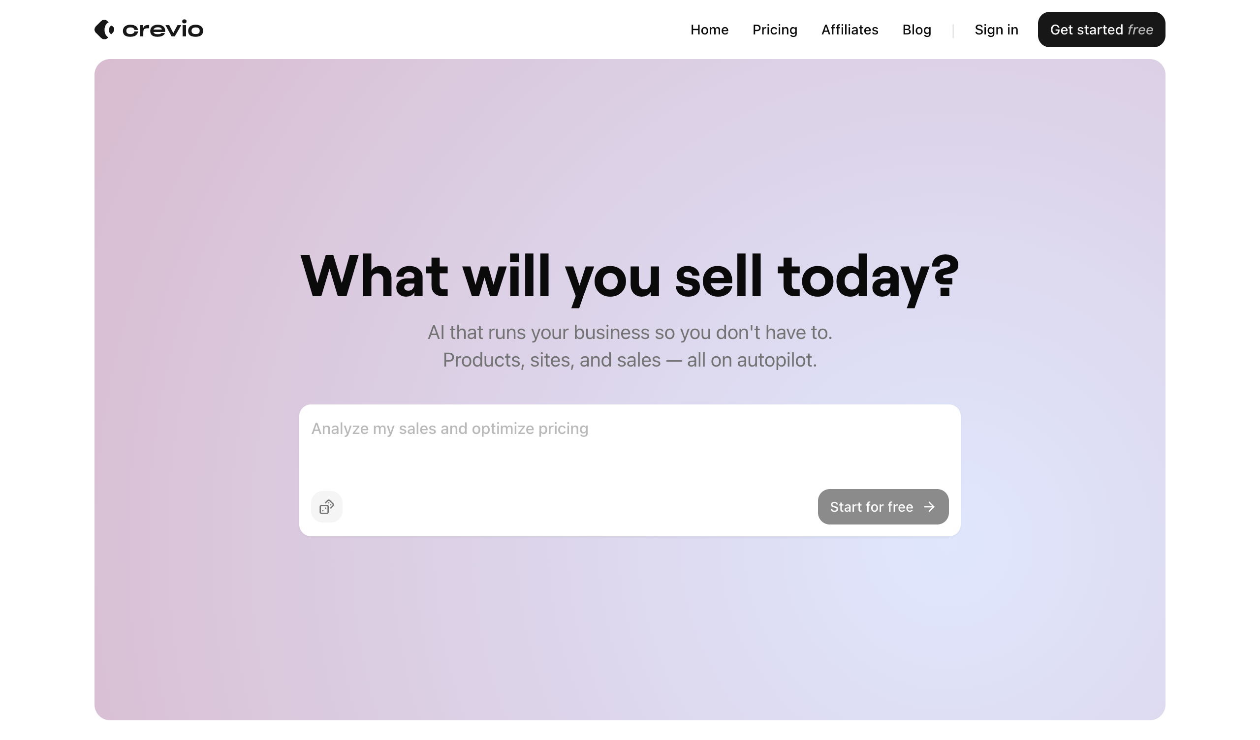 Crevio AI business builder homepage showing the AI that runs your business