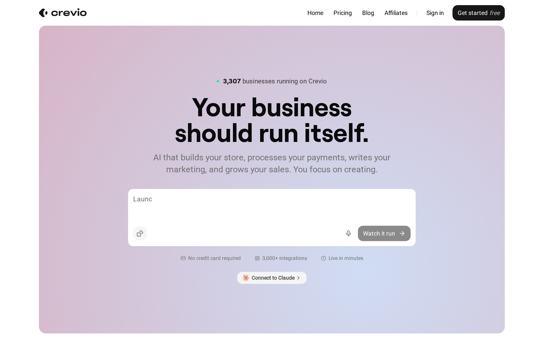 Crevio homepage showing the AI business builder