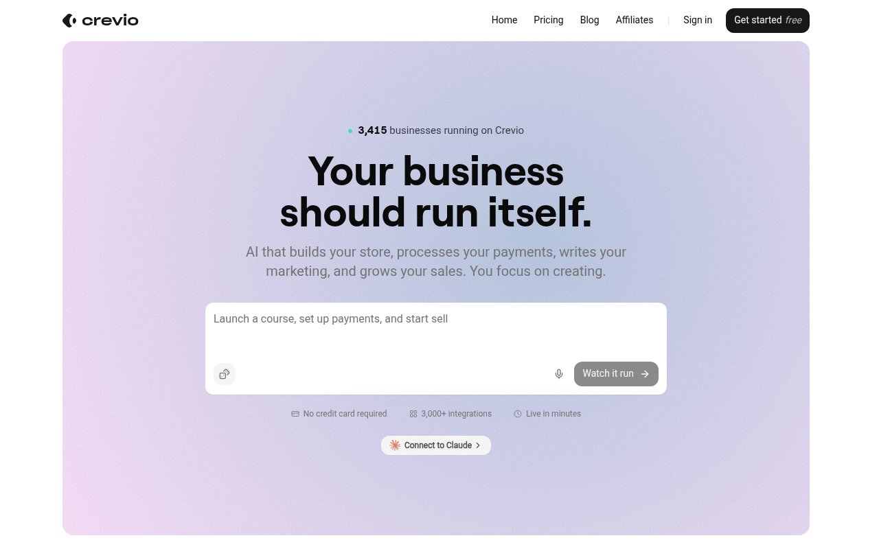 Crevio homepage with the headline Your business should run itself and 3,000+ integrations