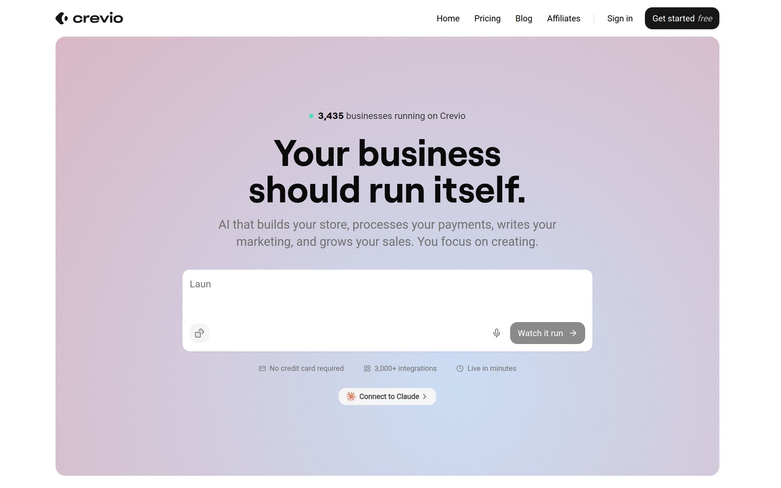 Crevio homepage showing an AI business builder that sets up a store and payments from a simple description