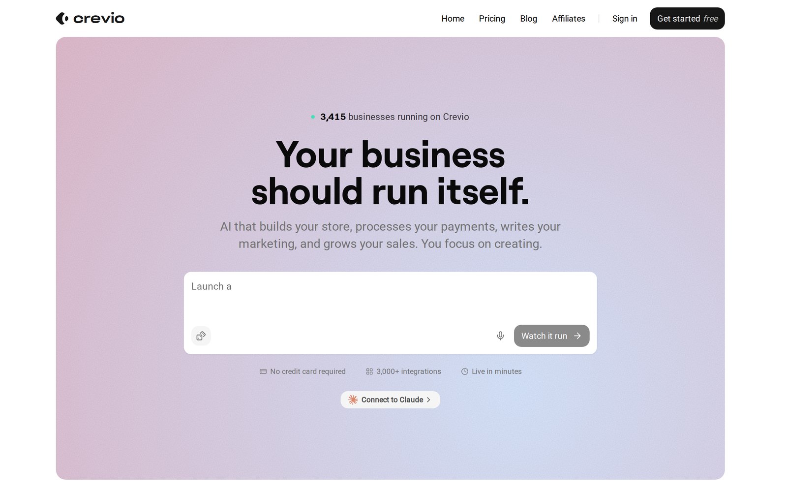 Crevio homepage showing the AI business builder