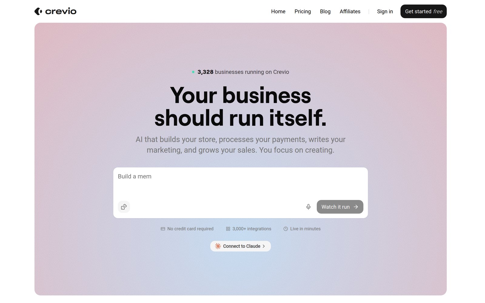 Crevio homepage stating "Your business should run itself" with an AI-powered product builder