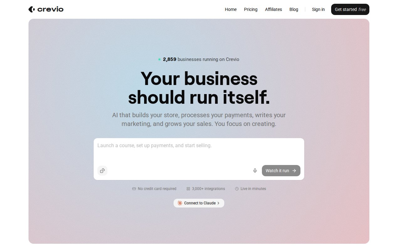 Crevio homepage showing the AI business builder with the tagline your business should run itself