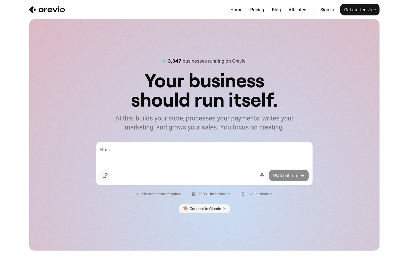 Crevio homepage showing its AI business builder positioning: describe what you want to sell, and Crevio builds, launches, and grows the storefront