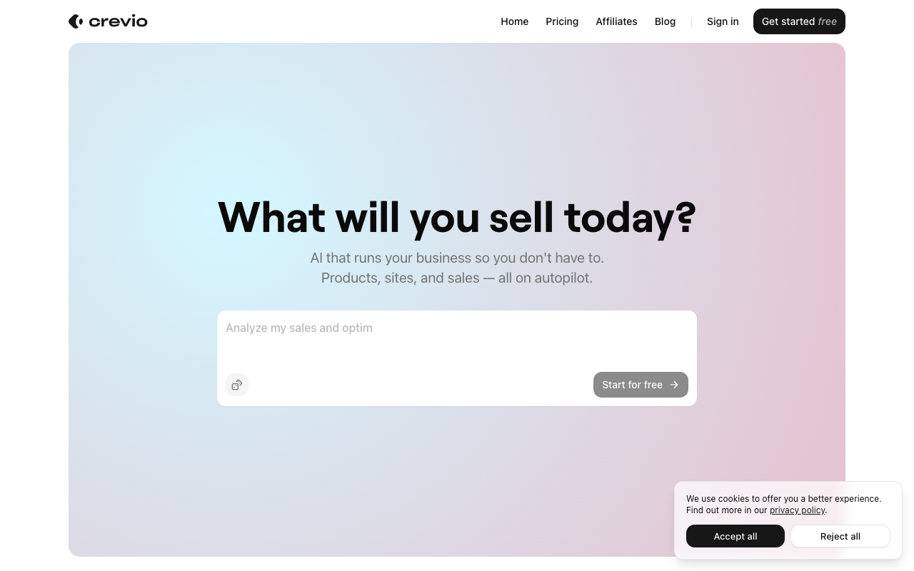 Crevio AI-powered business platform homepage