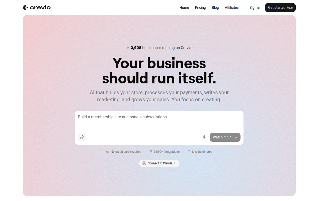 Crevio homepage: AI that builds your store, processes your payments, writes your marketing, and grows your sales
