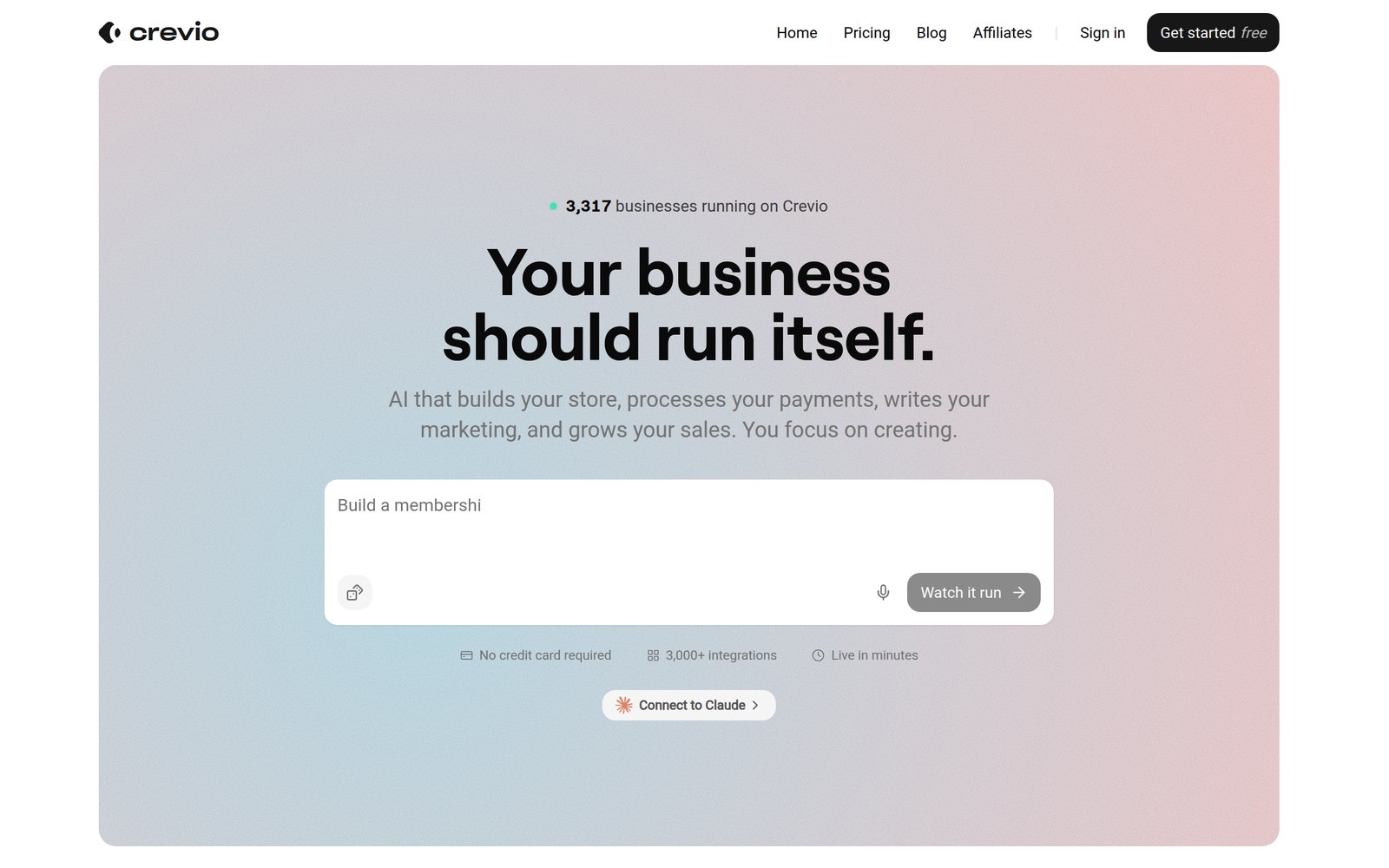 Crevio homepage: AI that builds your store, processes payments, and grows your business