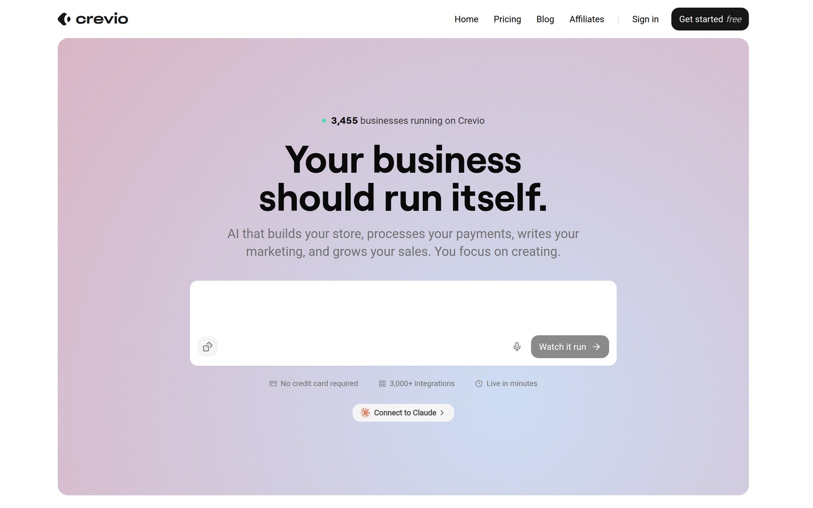 Crevio homepage with an AI prompt box to describe the business you want to build