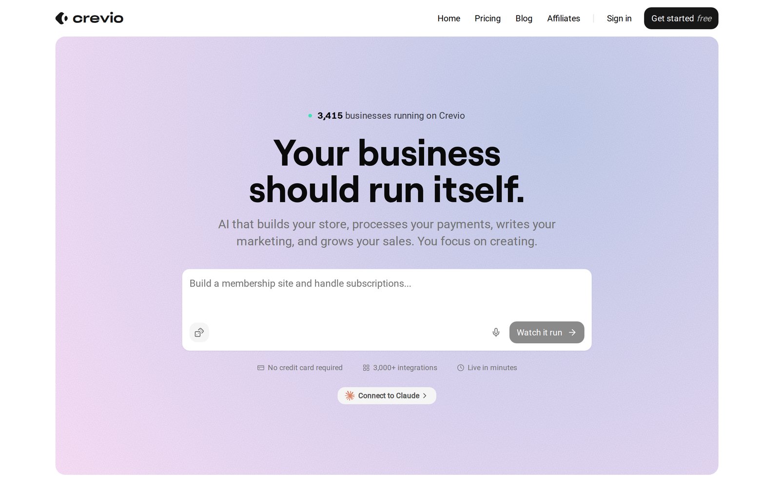 Crevio homepage with the headline "Your business should run itself" and a box to describe what you want to build